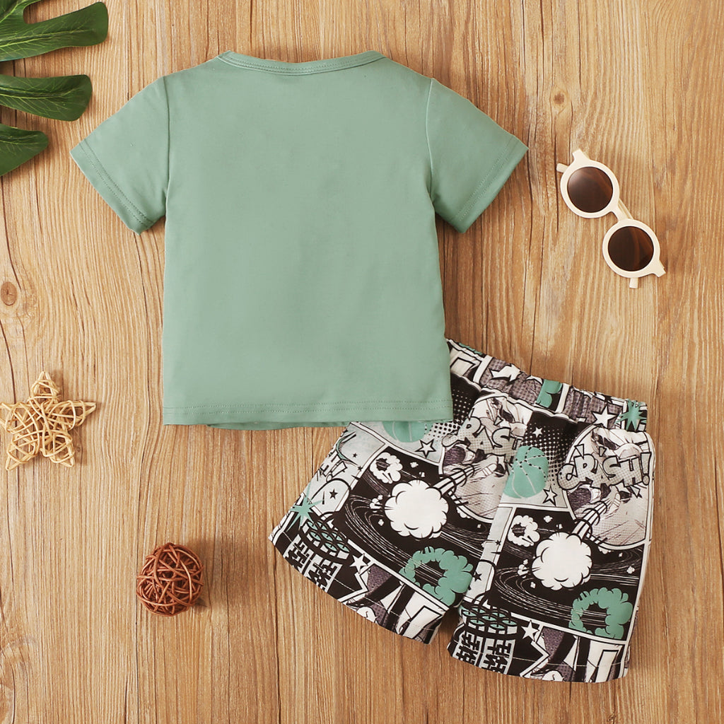 2-Piece Green Top + Letter Shorts Set - Summer Fashion