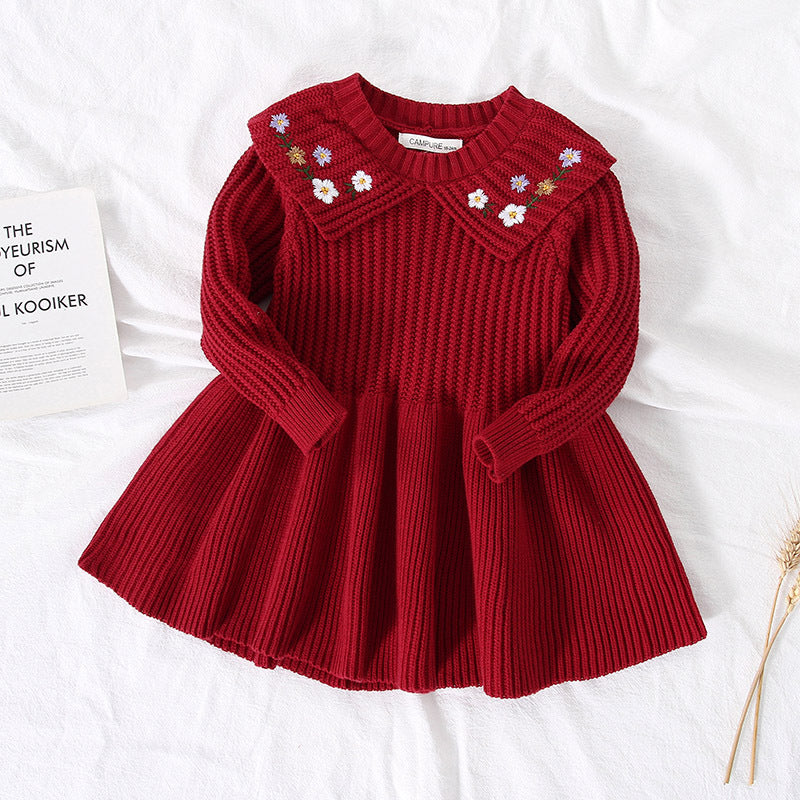 Charming Winter Party Dress: Long Sleeve Knitted Dress with Fashionable Flower Embroidery for Baby Girls