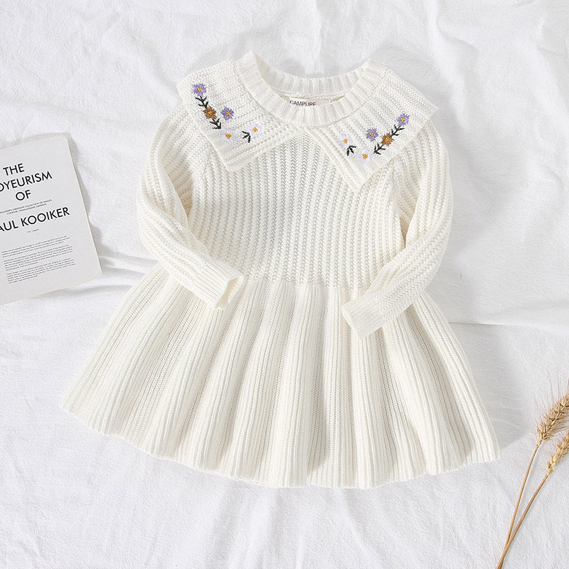 Charming Winter Party Dress: Long Sleeve Knitted Dress with Fashionable Flower Embroidery for Baby Girls