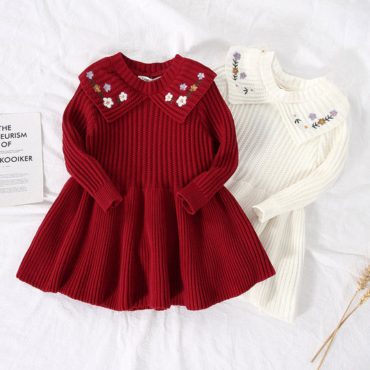 Charming Winter Party Dress: Long Sleeve Knitted Dress with Fashionable Flower Embroidery for Baby Girls