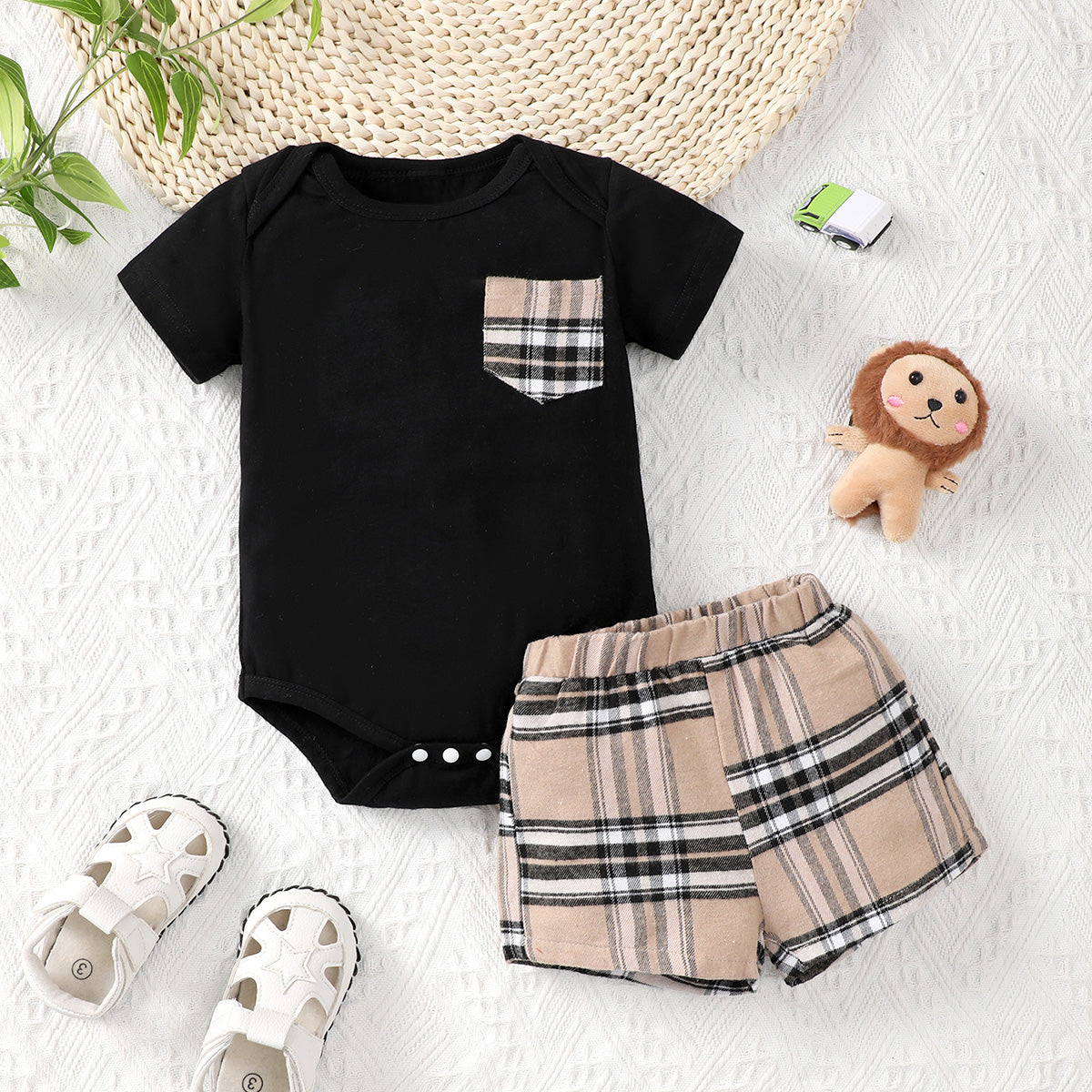 2-Piece Casual Pocket Patched Short Sleeve Onesie & Plaid Shorts Set