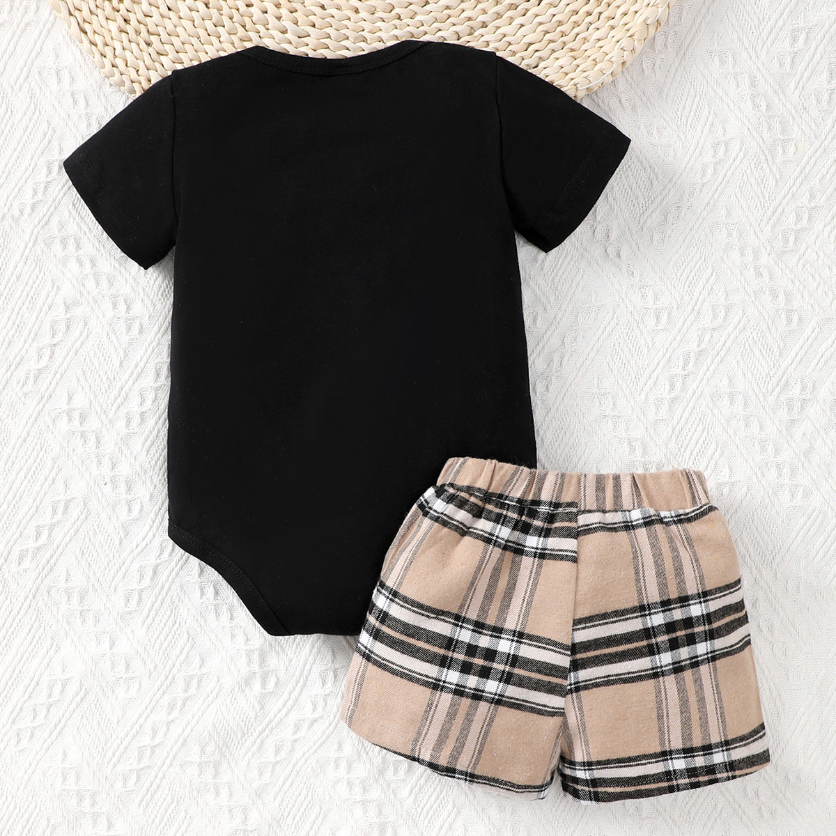 2-Piece Casual Pocket Patched Short Sleeve Onesie & Plaid Shorts Set