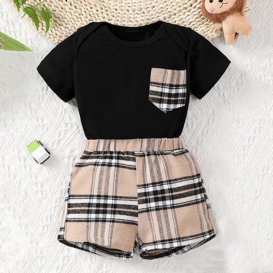 2-Piece Casual Pocket Patched Short Sleeve Onesie & Plaid Shorts Set