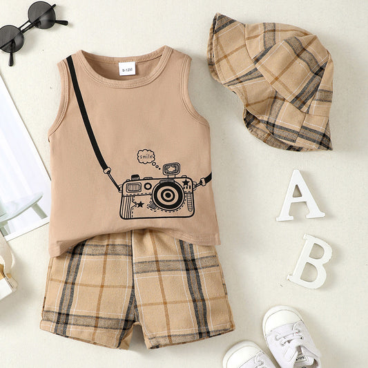 Cute Camera Graphic Tank Top, Plaid Shorts & Fisherman Hat Set for Baby Boys