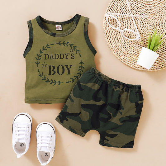 "Daddy's boy" - Baby Boy 2PCS Letters Print Vest Top + Camouflage Shorts Set - Summer Fashion