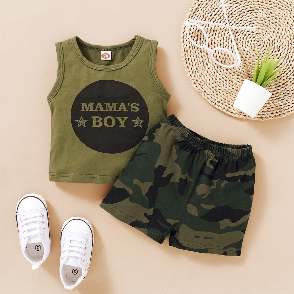 "Mama's boy" - Baby Boy 2PCS Letters Print Vest Top + Camouflage Shorts Set - Summer Fashion